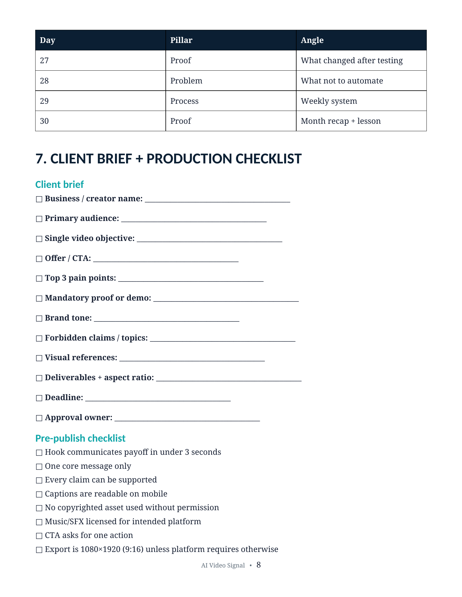 Client brief and production checklist preview